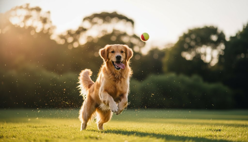 A vibrant, high-energy professional pet photography Mont Albert North image showing a golden retriever mid-leap, tongue out, with a blurred backdrop of lush green parkland in Mont Albert North, sun glowing behind it, capturing pure dog joy.
