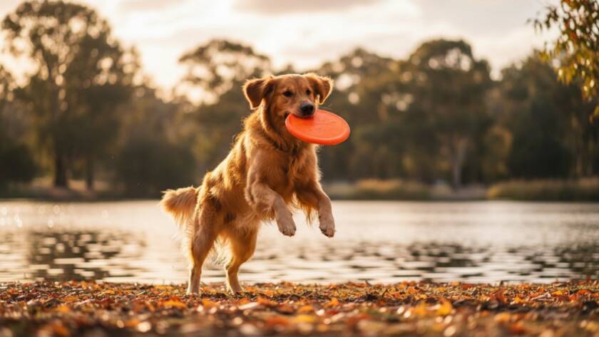A heartwarming, professional pet photography Ringwood North image capturing a joyful moment: a golden retriever mid-leap, playing fetch in the sun-drenched Ringwood Lake Park, with vibrant autumn leaves scattered around and dramatic golden hour lighting, showcasing the dog's boundless energy and happiness.