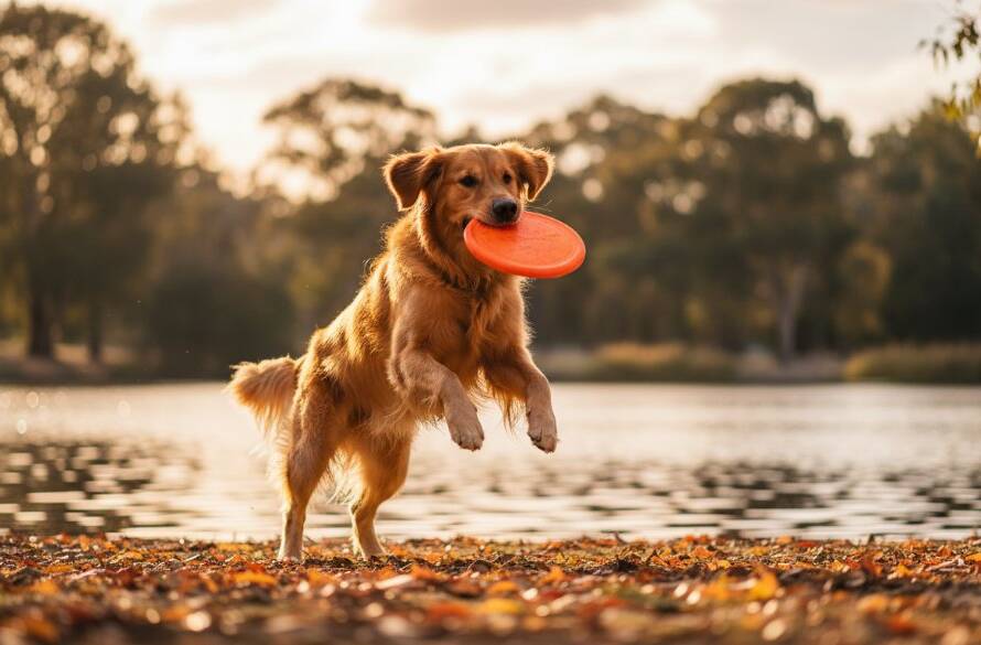 A heartwarming, professional pet photography Ringwood North image capturing a joyful moment: a golden retriever mid-leap, playing fetch in the sun-drenched Ringwood Lake Park, with vibrant autumn leaves scattered around and dramatic golden hour lighting, showcasing the dog's boundless energy and happiness.