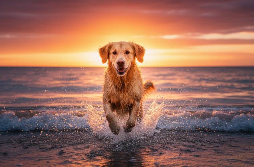 A golden retriever joyfully leaping through the shallow waves on Werribee South beach at sunset, dramatic backlighting creating a halo effect, capturing professional pet photography Werribee South beach memories in an epic moment.