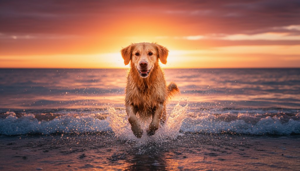 A golden retriever joyfully leaping through the shallow waves on Werribee South beach at sunset, dramatic backlighting creating a halo effect, capturing professional pet photography Werribee South beach memories in an epic moment.
