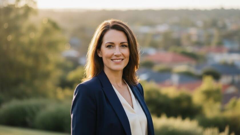 A confident female entrepreneur in Croydon Hills, Victoria, captured in a dramatic professional portrait photography Croydon Hills for entrepreneurs. She stands against a softly blurred backdrop of lush parkland, perhaps the Candlebark Walk Reserve, with golden hour sunlight highlighting her determined expression and sharp professional attire, showcasing her leadership and approachability.