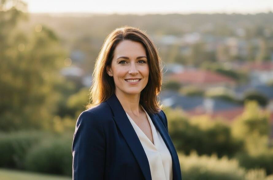 A confident female entrepreneur in Croydon Hills, Victoria, captured in a dramatic professional portrait photography Croydon Hills for entrepreneurs. She stands against a softly blurred backdrop of lush parkland, perhaps the Candlebark Walk Reserve, with golden hour sunlight highlighting her determined expression and sharp professional attire, showcasing her leadership and approachability.