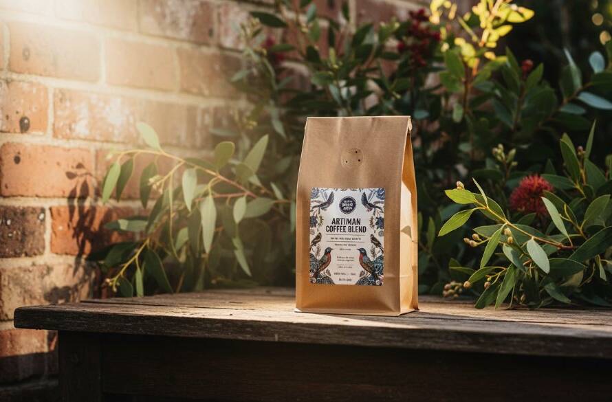 Dramatic close-up of a meticulously arranged artisan product (e.g., a hand-crafted leather bag) against a rustic, sun-drenched backdrop resembling the natural textures found near Doveton's community gardens. The product is spotlit with professional studio lighting, highlighting its intricate details and texture, creating an epic moment of visual allure that exemplifies professional product advertising photography Doveton VIC, ready to captivate customers.