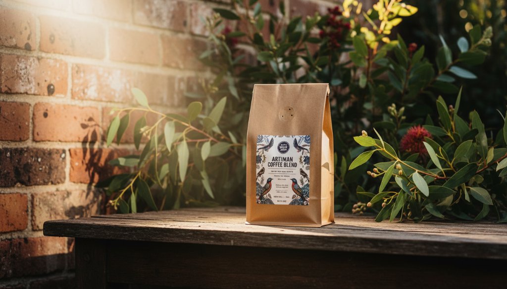 Dramatic close-up of a meticulously arranged artisan product (e.g., a hand-crafted leather bag) against a rustic, sun-drenched backdrop resembling the natural textures found near Doveton's community gardens. The product is spotlit with professional studio lighting, highlighting its intricate details and texture, creating an epic moment of visual allure that exemplifies professional product advertising photography Doveton VIC, ready to captivate customers.