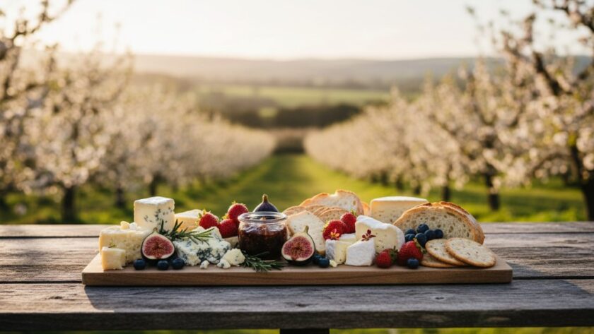 A dramatic, high-angle shot showcasing a gourmet local Bacchus Marsh produce basket, filled with vibrant fruits and artisan goods, bathed in golden hour light, reflecting the professional product photography Bacchus Marsh small businesses need to captivate customers.