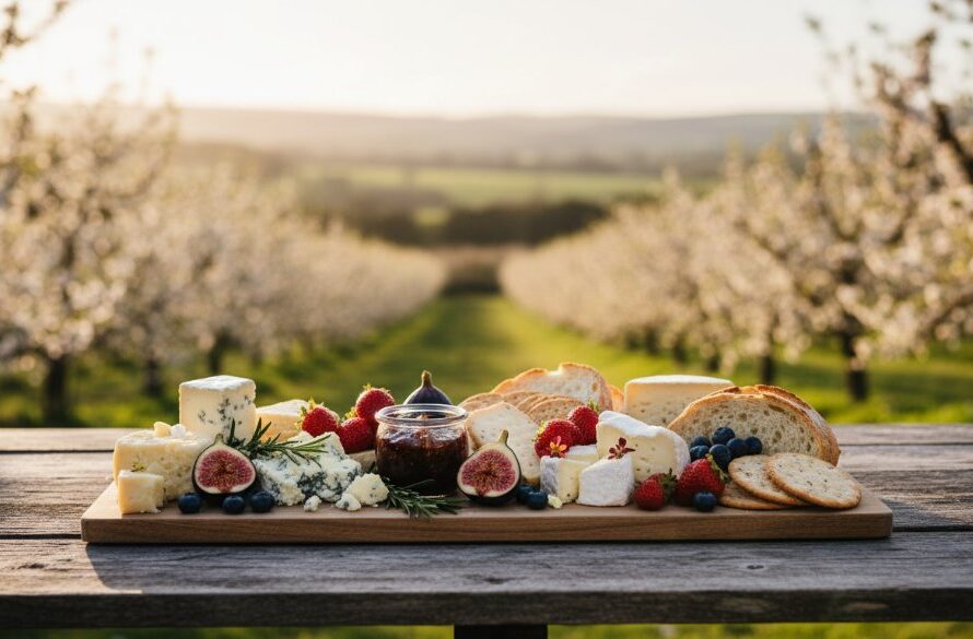 A dramatic, high-angle shot showcasing a gourmet local Bacchus Marsh produce basket, filled with vibrant fruits and artisan goods, bathed in golden hour light, reflecting the professional product photography Bacchus Marsh small businesses need to captivate customers.