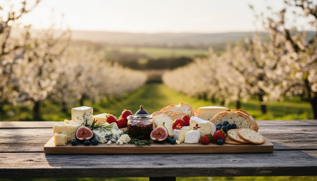 A dramatic, high-angle shot showcasing a gourmet local Bacchus Marsh produce basket, filled with vibrant fruits and artisan goods, bathed in golden hour light, reflecting the professional product photography Bacchus Marsh small businesses need to captivate customers.