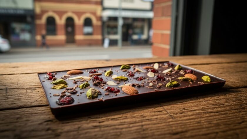 Dramatic, low-angle shot of a meticulously arranged artisan coffee bean product display, highlighted by a single beam of golden sunlight streaming into a rustic East Geelong cafe, showcasing professional product photography for East Geelong local businesses with expert flair.