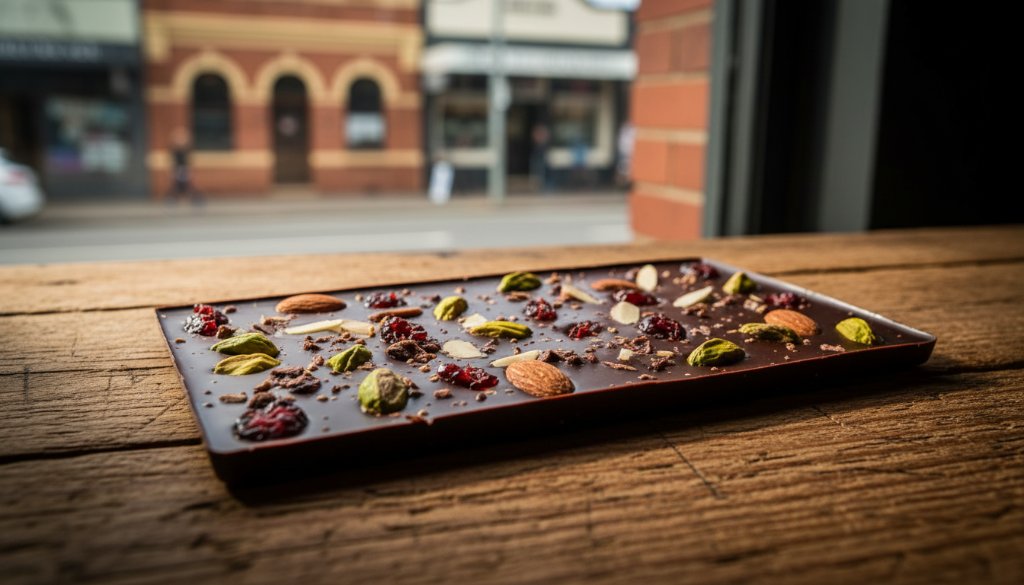 Dramatic, low-angle shot of a meticulously arranged artisan coffee bean product display, highlighted by a single beam of golden sunlight streaming into a rustic East Geelong cafe, showcasing professional product photography for East Geelong local businesses with expert flair.