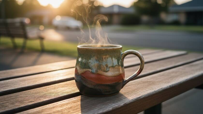 A dramatic, close-up shot of a handcrafted ceramic bowl, showcasing its unique texture and glaze, illuminated by a warm, golden light reflecting the morning sun over a Kealba laneway, symbolizing professional product photography Kealba for artisan small businesses.