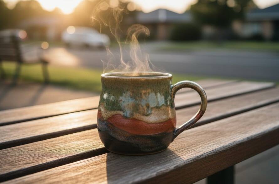 A dramatic, close-up shot of a handcrafted ceramic bowl, showcasing its unique texture and glaze, illuminated by a warm, golden light reflecting the morning sun over a Kealba laneway, symbolizing professional product photography Kealba for artisan small businesses.
