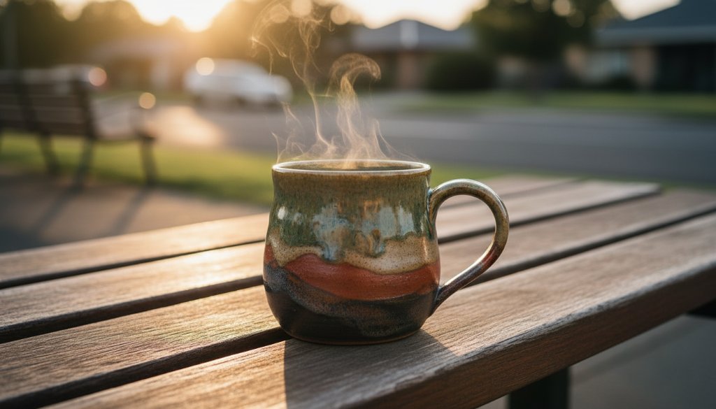A dramatic, close-up shot of a handcrafted ceramic bowl, showcasing its unique texture and glaze, illuminated by a warm, golden light reflecting the morning sun over a Kealba laneway, symbolizing professional product photography Kealba for artisan small businesses.