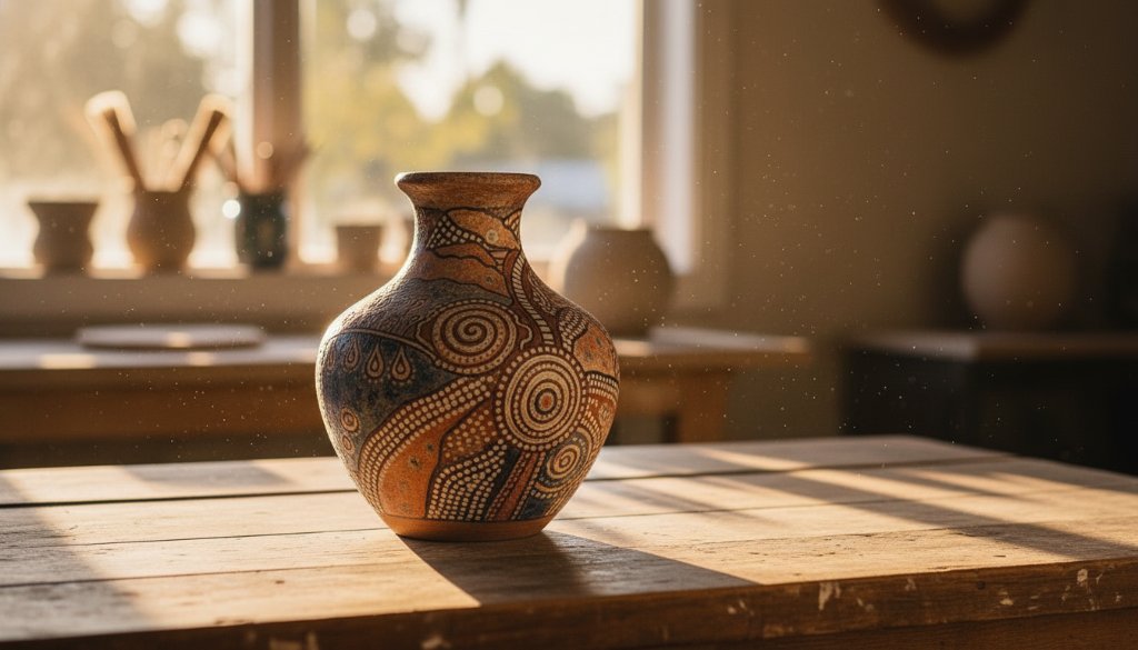 Dramatic shot of artisan pottery, glowing warmly under professional studio lights, showcasing intricate details. This epic moment of Professional Product Photography Sale Victoria captures the essence of local craftsmanship.