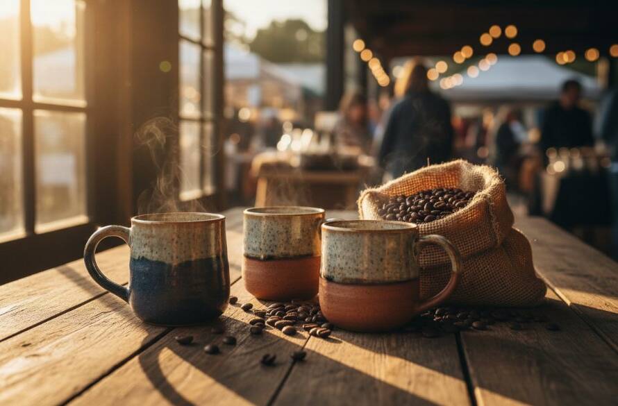 An epic moment capture of a meticulously arranged display of handcrafted ceramic mugs and artisanal coffee beans, dramatically lit against a backdrop hinting at a Wantirna local market stall, showcasing professional product photography Wantirna for artisan brands with rich, warm tones and sharp details.