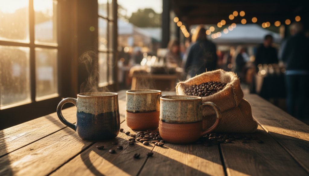 An epic moment capture of a meticulously arranged display of handcrafted ceramic mugs and artisanal coffee beans, dramatically lit against a backdrop hinting at a Wantirna local market stall, showcasing professional product photography Wantirna for artisan brands with rich, warm tones and sharp details.