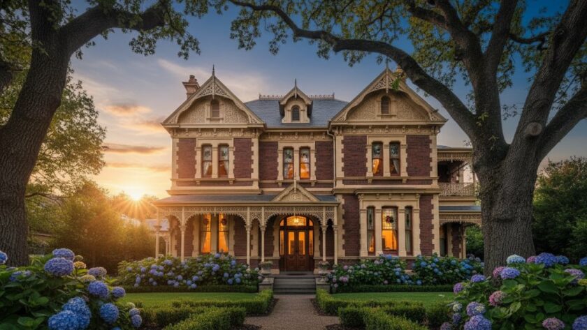 An epic moment captured: A grand, sun-drenched facade of a meticulously restored Victorian-era heritage home in Ballarat Central, showcasing professional real estate photography with dramatic light and shadow play, drawing viewers into its elegant charm.