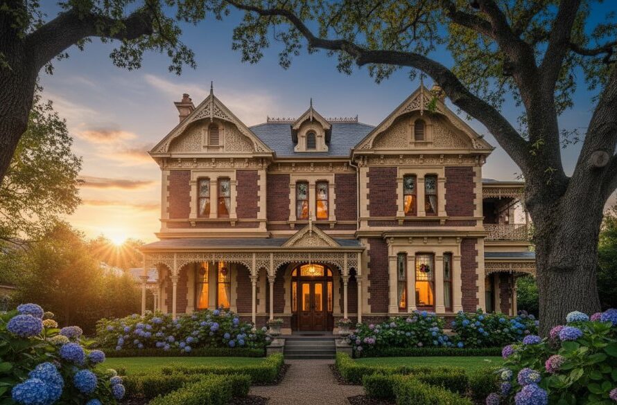 An epic moment captured: A grand, sun-drenched facade of a meticulously restored Victorian-era heritage home in Ballarat Central, showcasing professional real estate photography with dramatic light and shadow play, drawing viewers into its elegant charm.