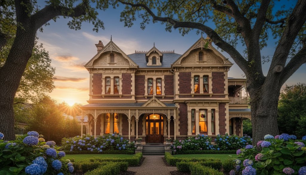 An epic moment captured: A grand, sun-drenched facade of a meticulously restored Victorian-era heritage home in Ballarat Central, showcasing professional real estate photography with dramatic light and shadow play, drawing viewers into its elegant charm.
