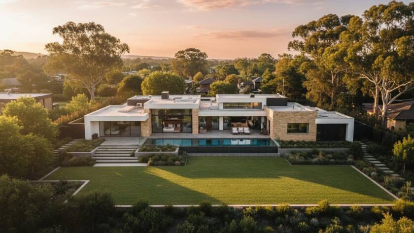 Professional real estate photography Bulleen Victoria, capturing an epic sunset over a modern luxury home in Bulleen, showcasing its stunning architecture and landscaped gardens from an elevated viewpoint, with warm golden hour light.