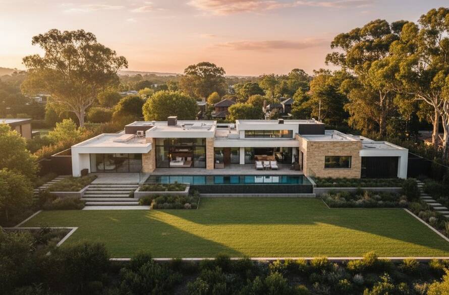 Professional real estate photography Bulleen Victoria, capturing an epic sunset over a modern luxury home in Bulleen, showcasing its stunning architecture and landscaped gardens from an elevated viewpoint, with warm golden hour light.