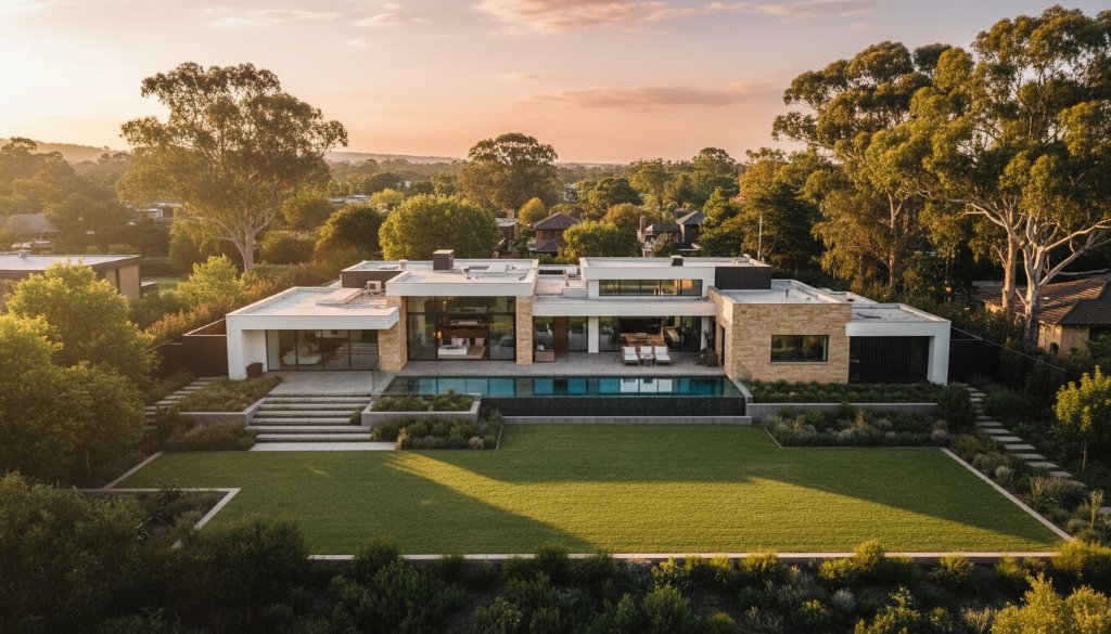 Professional real estate photography Bulleen Victoria, capturing an epic sunset over a modern luxury home in Bulleen, showcasing its stunning architecture and landscaped gardens from an elevated viewpoint, with warm golden hour light.