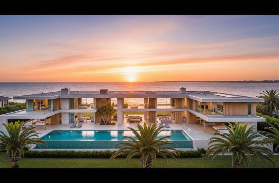 An aerial shot showcasing a stunning modern beachfront home in Chelsea, Victoria, bathed in golden hour light, reflecting the high quality of professional real estate photography Chelsea VIC. The image captures the property's expansive outdoor living spaces and its proximity to the serene coastline, with a hint of people enjoying the beach in the distance.