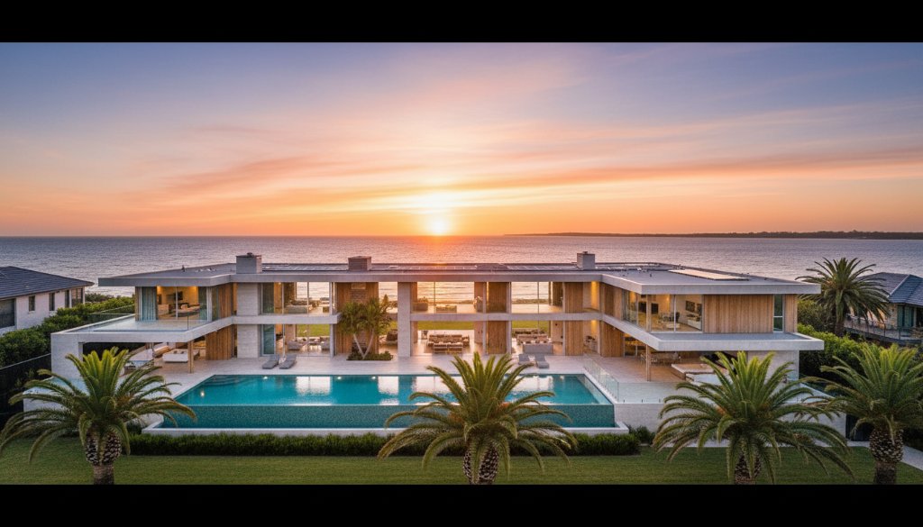 An aerial shot showcasing a stunning modern beachfront home in Chelsea, Victoria, bathed in golden hour light, reflecting the high quality of professional real estate photography Chelsea VIC. The image captures the property's expansive outdoor living spaces and its proximity to the serene coastline, with a hint of people enjoying the beach in the distance.