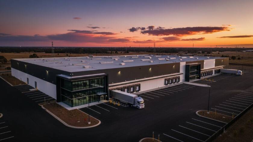 Dynamic aerial shot capturing professional real estate photography Derrimut industrial heartland at sunset, with golden light reflecting off modern warehouse facades and a wide-angle view showcasing the sprawling logistics hubs under a dramatic sky.