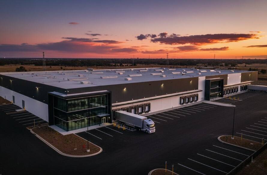 Dynamic aerial shot capturing professional real estate photography Derrimut industrial heartland at sunset, with golden light reflecting off modern warehouse facades and a wide-angle view showcasing the sprawling logistics hubs under a dramatic sky.