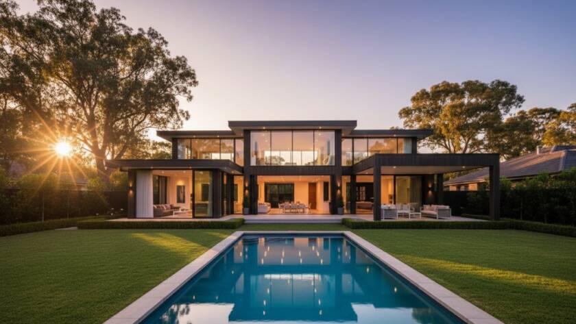 An awe-inspiring, wide-angle shot of a modern, luxury home in Dingley Village at dusk, showcasing professional real estate photography Dingley Village. The golden hour light dramatically illuminates the architectural details, a tranquil garden with a shimmering pool, and a perfectly manicured lawn. The composition draws the viewer into the property, highlighting its aspirational lifestyle with a cinematic, color-graded finish.