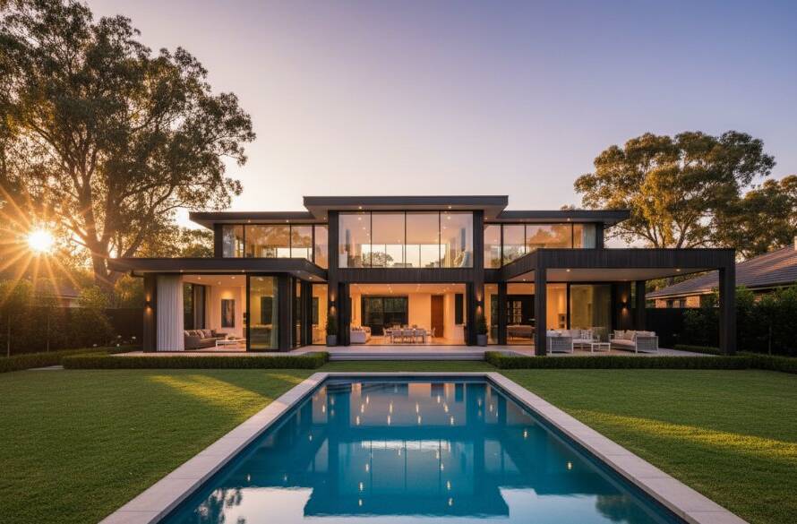 An awe-inspiring, wide-angle shot of a modern, luxury home in Dingley Village at dusk, showcasing professional real estate photography Dingley Village. The golden hour light dramatically illuminates the architectural details, a tranquil garden with a shimmering pool, and a perfectly manicured lawn. The composition draws the viewer into the property, highlighting its aspirational lifestyle with a cinematic, color-graded finish.
