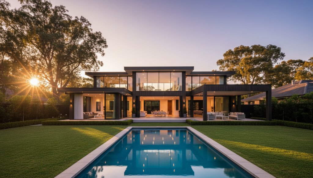 An awe-inspiring, wide-angle shot of a modern, luxury home in Dingley Village at dusk, showcasing professional real estate photography Dingley Village. The golden hour light dramatically illuminates the architectural details, a tranquil garden with a shimmering pool, and a perfectly manicured lawn. The composition draws the viewer into the property, highlighting its aspirational lifestyle with a cinematic, color-graded finish.