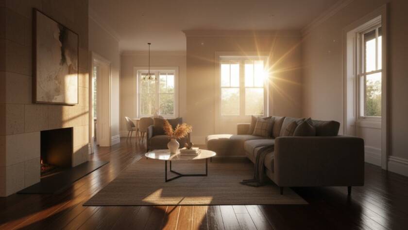 Dynamic wide-angle shot of a beautifully staged living room in a modern Eumemmerring Victorian home, bathed in soft morning light, showcasing the spacious interior. Professional real estate photography Eumemmerring Victorian homes.