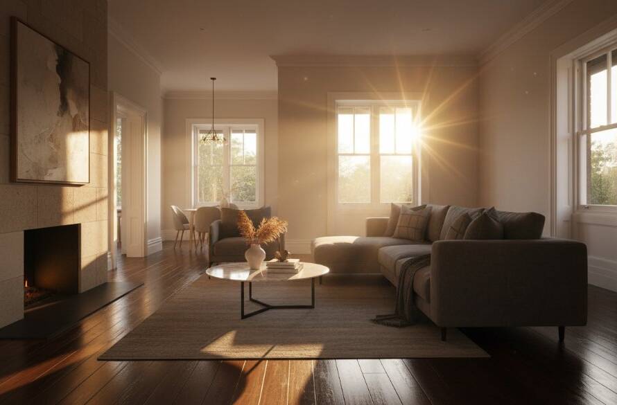 Dynamic wide-angle shot of a beautifully staged living room in a modern Eumemmerring Victorian home, bathed in soft morning light, showcasing the spacious interior. Professional real estate photography Eumemmerring Victorian homes.