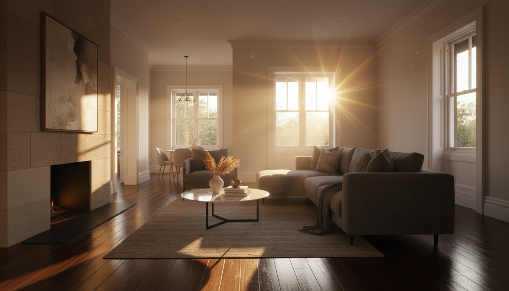 Dynamic wide-angle shot of a beautifully staged living room in a modern Eumemmerring Victorian home, bathed in soft morning light, showcasing the spacious interior. Professional real estate photography Eumemmerring Victorian homes.