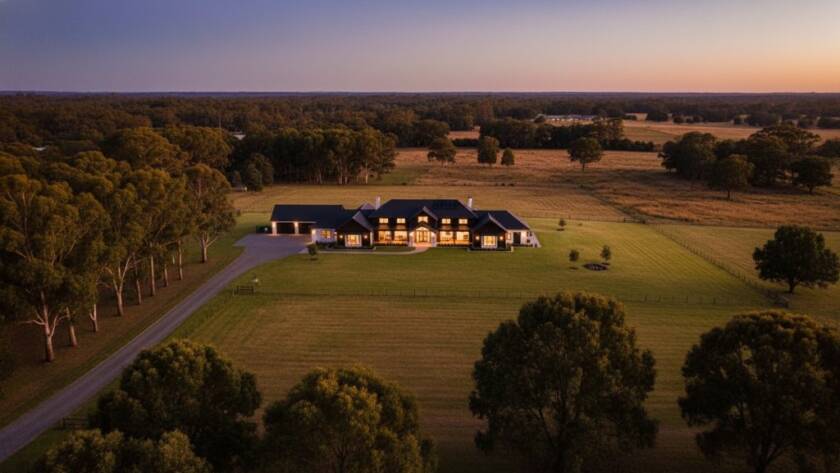 A drone's eye view capturing a sprawling Exford Victoria acreage home at dawn, bathed in golden light, showcasing the vast landscape and elegant architecture, embodying professional real estate photography Exford Victoria acreage.