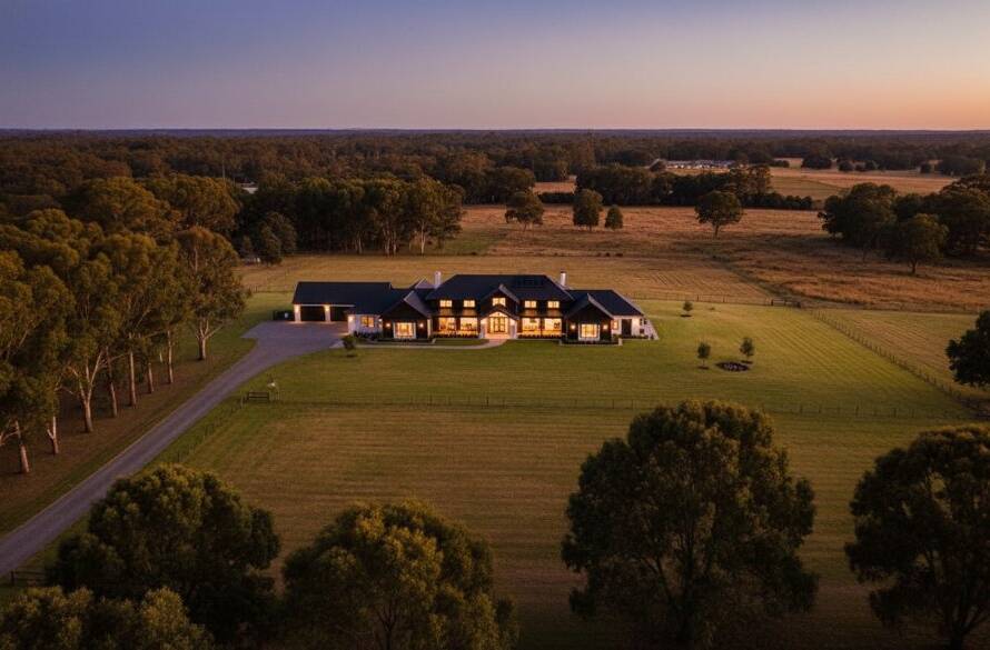 A drone's eye view capturing a sprawling Exford Victoria acreage home at dawn, bathed in golden light, showcasing the vast landscape and elegant architecture, embodying professional real estate photography Exford Victoria acreage.