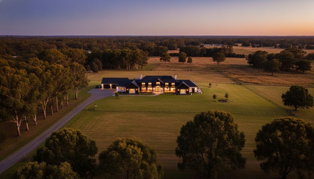 A drone's eye view capturing a sprawling Exford Victoria acreage home at dawn, bathed in golden light, showcasing the vast landscape and elegant architecture, embodying professional real estate photography Exford Victoria acreage.