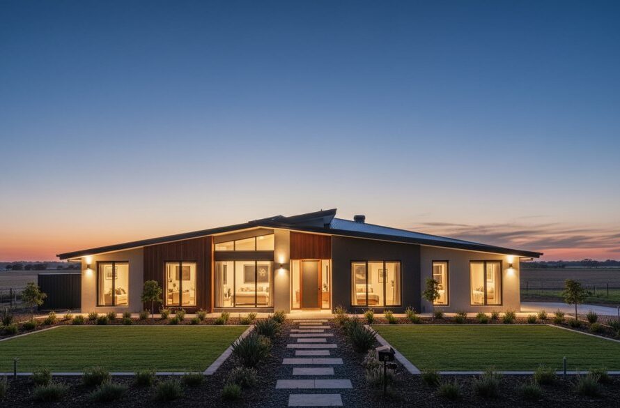 Professional Real Estate Photography Huntly Victoria capturing a serene, twilight exterior shot of a modern family home with warm interior lights glowing, framed by lush, well-maintained gardens, under a dramatic, deep blue sky reflecting the last hints of sunset over the distant, flat agricultural landscape of Huntly.