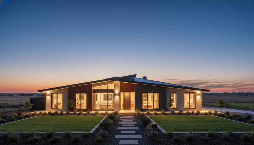 Professional Real Estate Photography Huntly Victoria capturing a serene, twilight exterior shot of a modern family home with warm interior lights glowing, framed by lush, well-maintained gardens, under a dramatic, deep blue sky reflecting the last hints of sunset over the distant, flat agricultural landscape of Huntly.