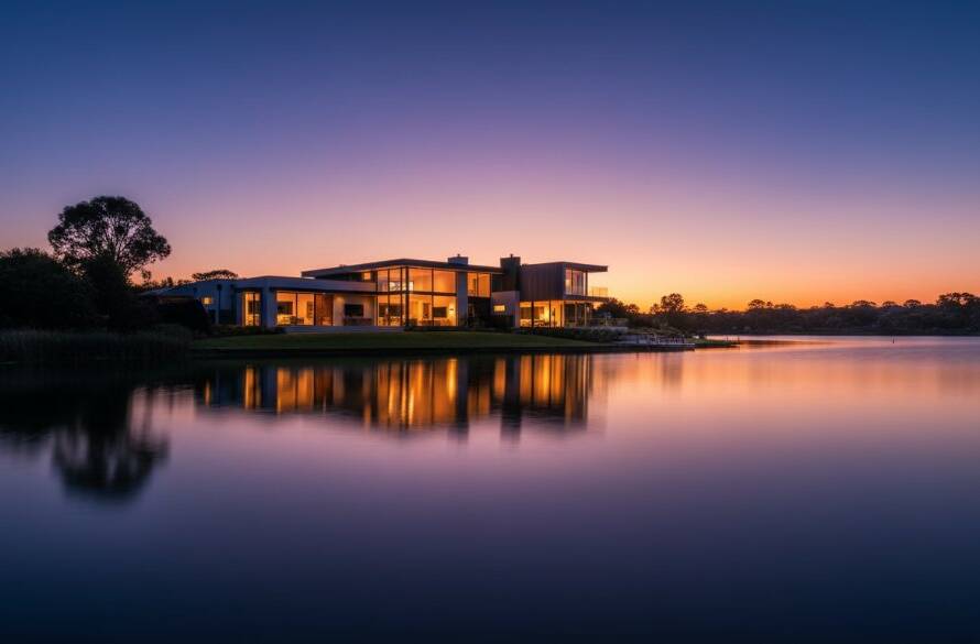 A stunning, wide-angle shot of a modern family home in Manor Lakes at twilight, professionally illuminated with interior lights glowing warmly and a vibrant sunset reflecting on the lake, showcasing the property's inviting ambiance and exceptional architectural details, embodying professional real estate photography Manor Lakes capturing light.