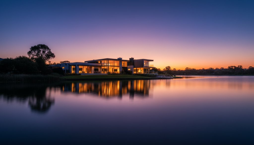 A stunning, wide-angle shot of a modern family home in Manor Lakes at twilight, professionally illuminated with interior lights glowing warmly and a vibrant sunset reflecting on the lake, showcasing the property's inviting ambiance and exceptional architectural details, embodying professional real estate photography Manor Lakes capturing light.