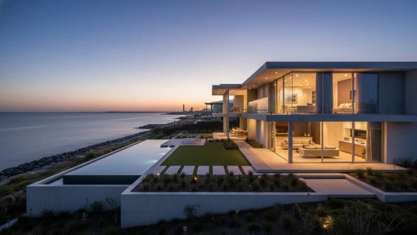 A wide-angle, dusk shot showcasing a luxury Point Cook waterfront home, illuminated from within, with the stunning Point Cook foreshore in the background under a dramatic, colour-graded sky, embodying professional real estate photography Point Cook for premium listings.