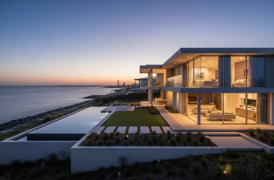 A wide-angle, dusk shot showcasing a luxury Point Cook waterfront home, illuminated from within, with the stunning Point Cook foreshore in the background under a dramatic, colour-graded sky, embodying professional real estate photography Point Cook for premium listings.