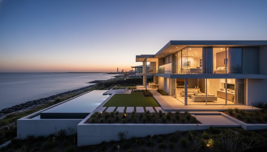 A wide-angle, dusk shot showcasing a luxury Point Cook waterfront home, illuminated from within, with the stunning Point Cook foreshore in the background under a dramatic, colour-graded sky, embodying professional real estate photography Point Cook for premium listings.