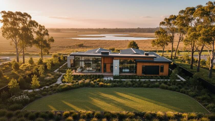 An aerial drone shot showcasing a modern family home in Skye, Victoria, bathed in golden hour light, with lush green surroundings and glimpses of nearby Seaford Wetlands, illustrating professional real estate photography Skye Victoria.