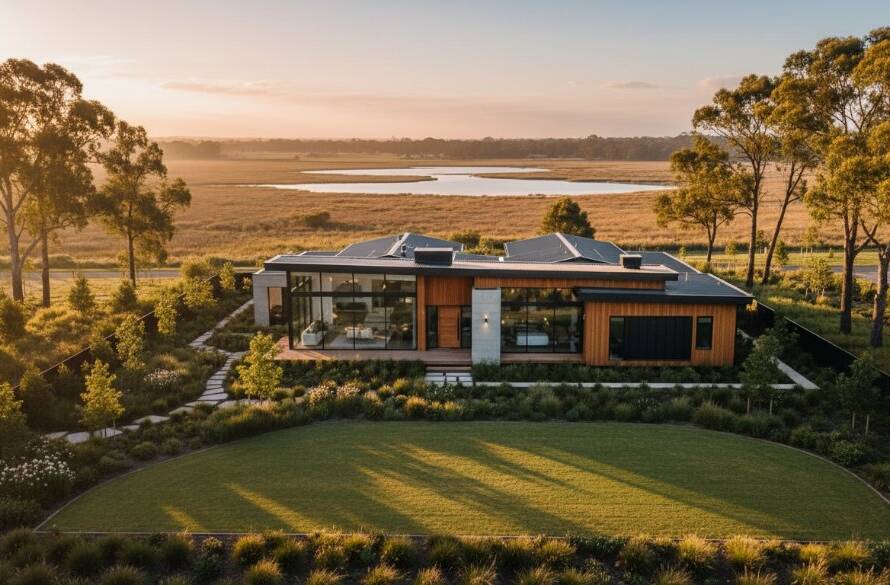 An aerial drone shot showcasing a modern family home in Skye, Victoria, bathed in golden hour light, with lush green surroundings and glimpses of nearby Seaford Wetlands, illustrating professional real estate photography Skye Victoria.