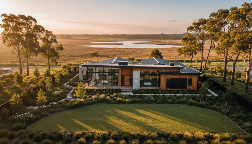 An aerial drone shot showcasing a modern family home in Skye, Victoria, bathed in golden hour light, with lush green surroundings and glimpses of nearby Seaford Wetlands, illustrating professional real estate photography Skye Victoria.