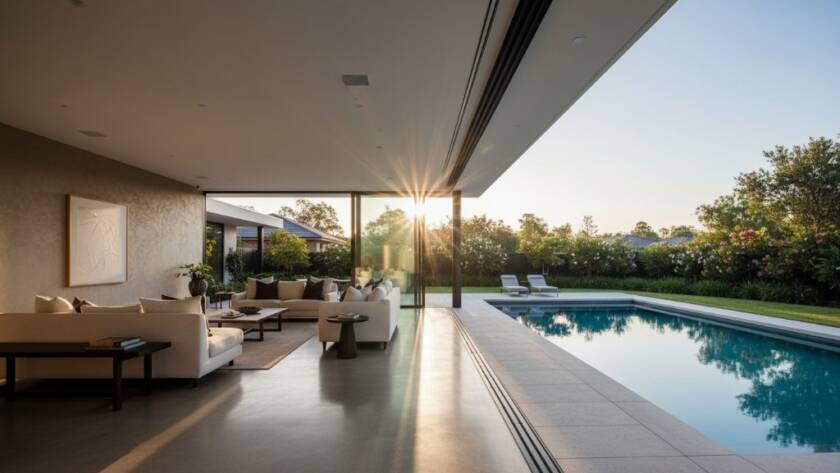 A wide-angle, epic moment photograph showcasing a beautifully staged modern living room with abundant natural light pouring in from large windows, overlooking a vibrant Wantirna South garden, captured with professional real estate photography Wantirna South techniques, highlighting luxurious textures and a welcoming ambiance.